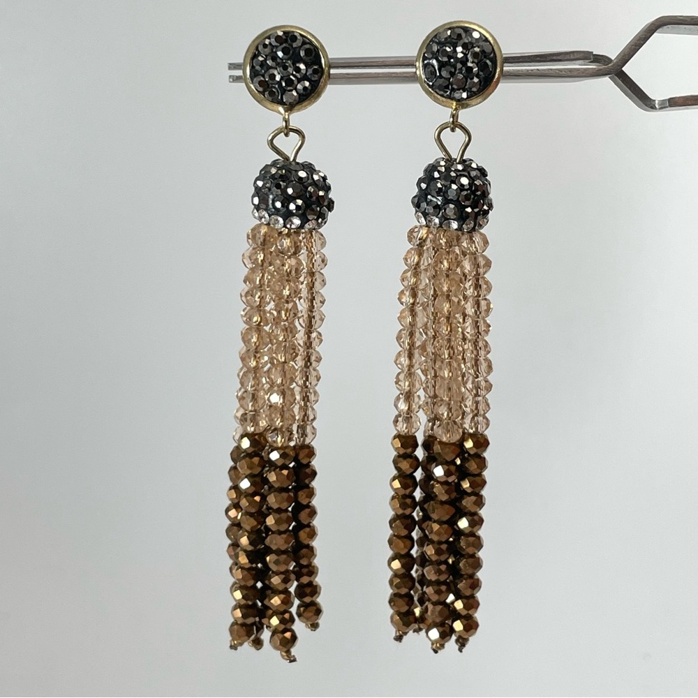 Stunning Unsigned Champagne Gray Bronze Glass Beaded Tassel Statement Earrings